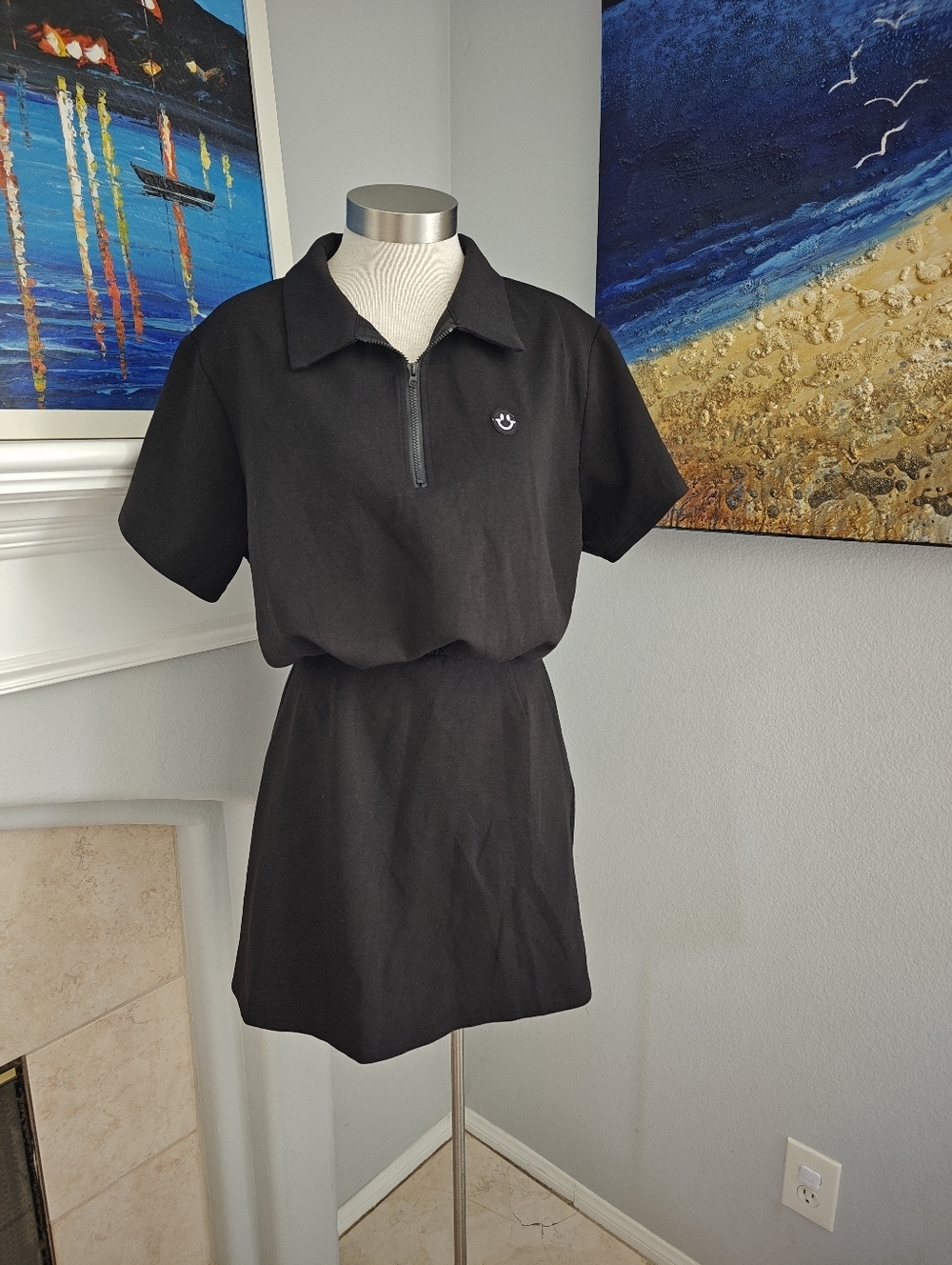 Black Polo Zip-Front Dress with Embroidered Logo
